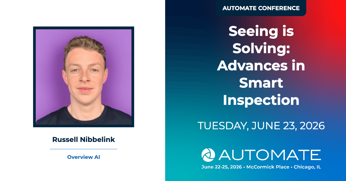 Russell Nibbelink speaking at Automate 2026 on AI advances in manufacturing vision
