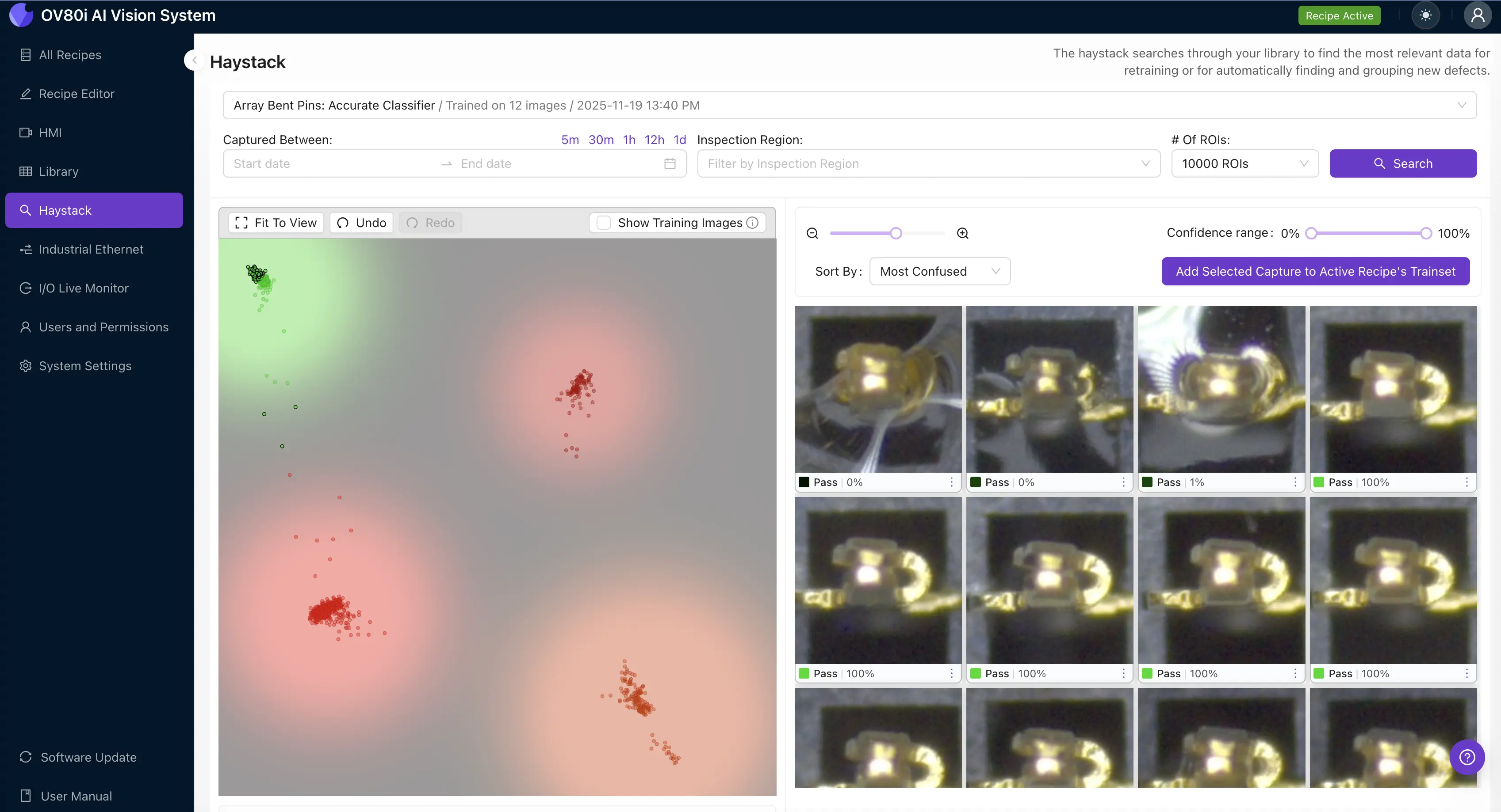 Haystack 2D feature space visualization showing model uncertainty clusters and anomaly detection