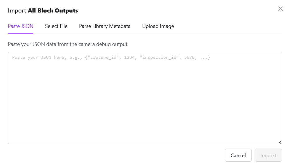 Test data upload interface with JSON, file upload, and camera import options