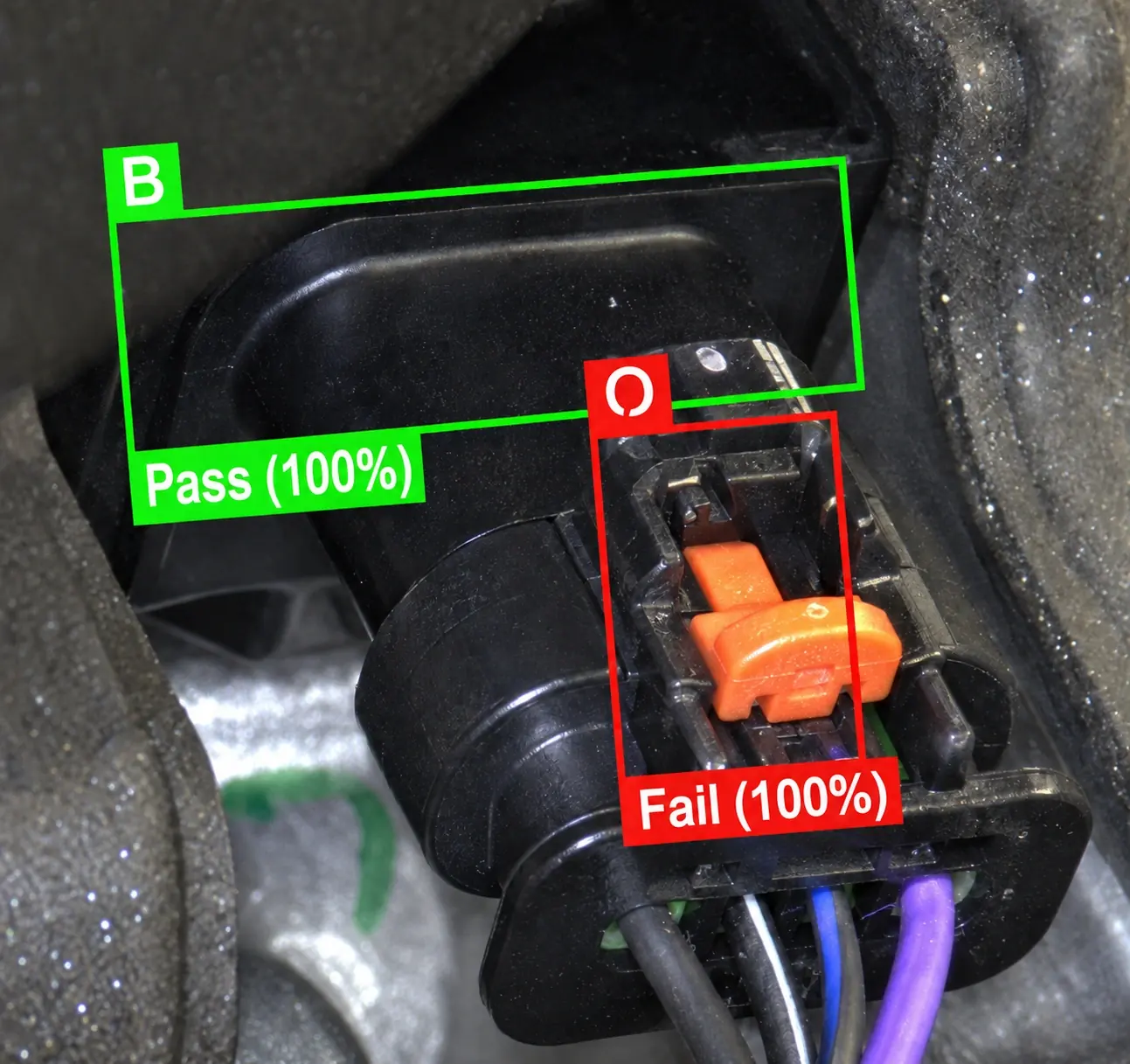 Illustrative connector inspection showing a green passing region and a red failing locking-tab region