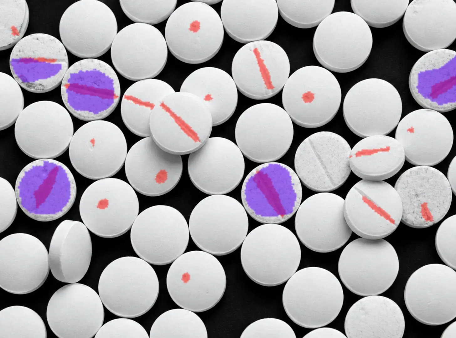 Tablet surfaces with localized red and purple defect masks