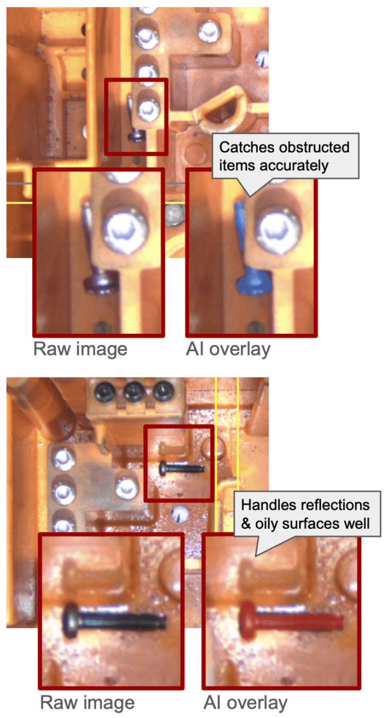 AI-powered bolt and fastener inspection system detecting loose fasteners on reflective, oily metal assemblies using segmentation and telecentric optics