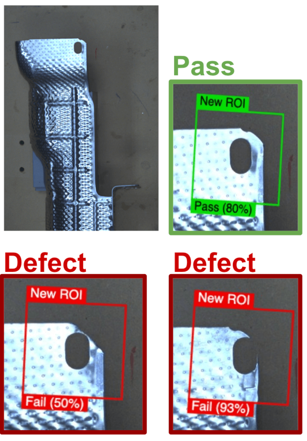 Photometric AI vision inspecting a stamped metal part for edge defects and micro-fractures