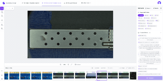 OV Auto-Defect Creator Studio interface showing product images, inspection examples, and the defect generation workflow