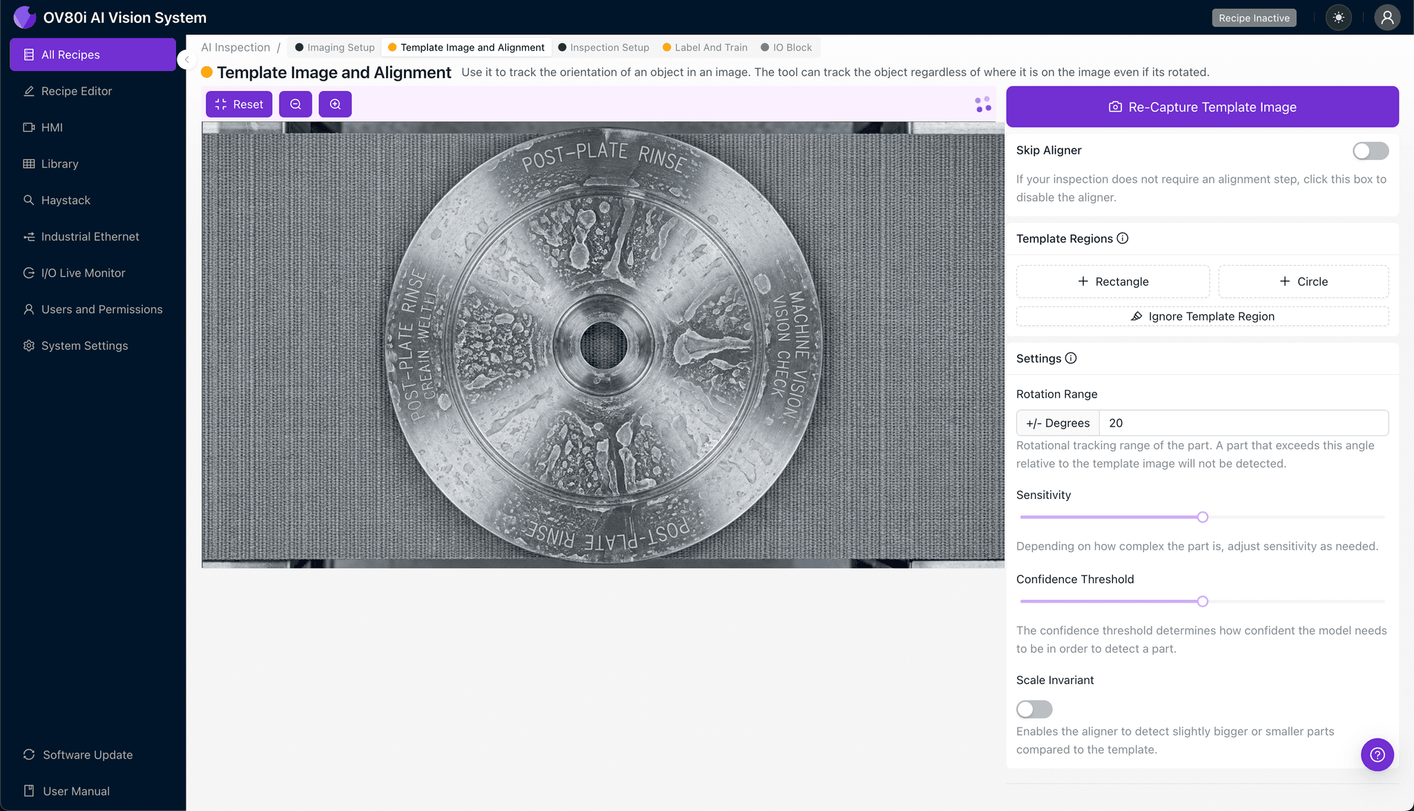 Setting up template alignment for plated component inspection