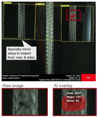 High Voltage Wire Braid Inspection High Voltage Wire Braid Inspection - Electronics case study image showing detecting micro-dents and defects in critical high-voltage wire braiding applications