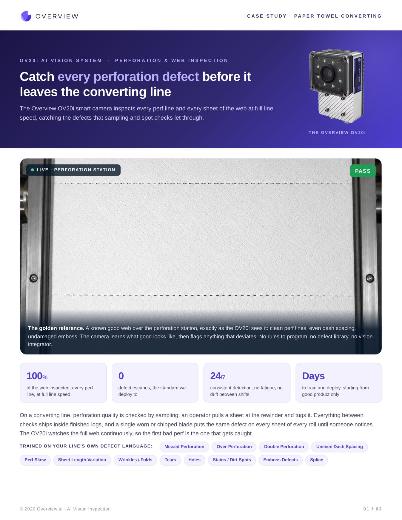 Paper Towel Perforation and Web Inspection Paper Towel Perforation and Web Inspection - Manufacturing case study image showing continuous full-web inspection on a converting line at full line speed, replacing manual sampling at the rewinder. the ov20i catches missed, over, double, and skewed perforations plus tears, stains, wrinkles, and emboss defects, trained from good product only with zero escapes as the deployment standard.