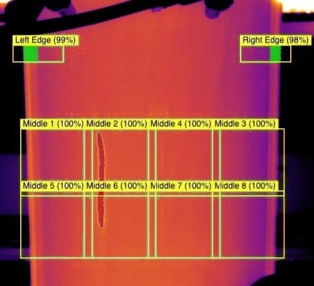 Thermal Coating Inspection · The Defect No RGB Camera Can See Thermal Coating Inspection · The Defect No RGB Camera Can See - Manufacturing case study image showing a clear liquid coating on clear film, invisible to operators and to rgb cameras alike. a flir a70 radiometric thermal camera paired with the ovx grades both edges and eight middle zones on every frame, catching coating streaks worth about $20k each. first real defect caught three days after going live, with a payback period under eight weeks.