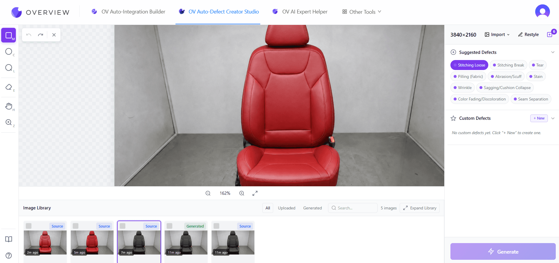 Car Seat Wrinkle Inspection · One Defect, Every Fabric Car Seat Wrinkle Inspection · One Defect, Every Fabric - Automotive case study image showing one labeled wrinkle authored on a real leather seat, then retargeted across 14 oem-spec fabric and color variants via style transfer. new trim specs onboard ~12.4× faster with no real seats damaged.