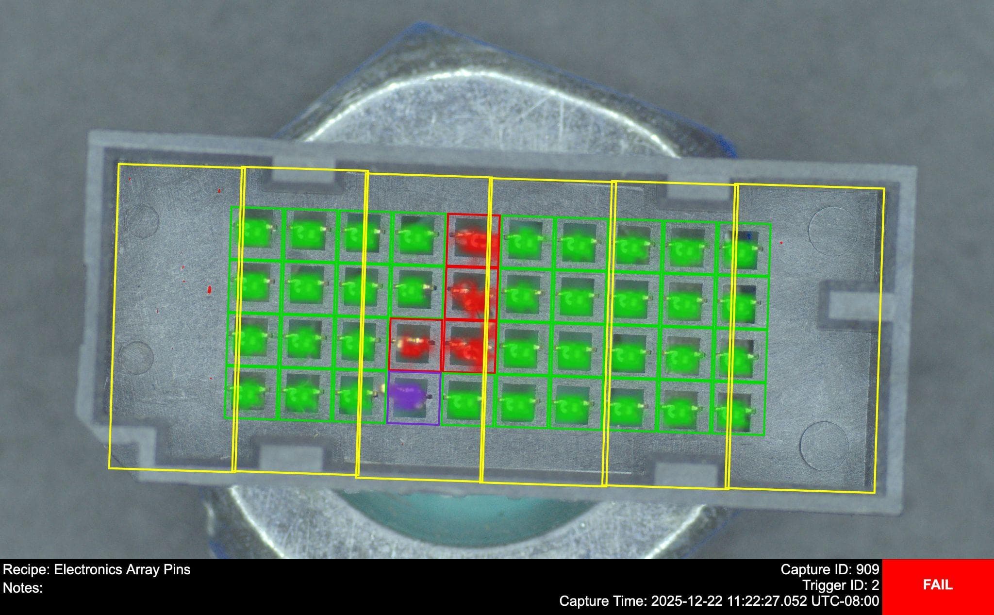 Electronics High Speed Array Connector Pin Defects and Dust Detection Electronics High Speed Array Connector Pin Defects and Dust Detection - Electronics case study image showing multi-class defect detection on high-density automotive connectors, identifying missing, broken, and bent pins plus tiny debris with 100% accuracy and sub-second cycle times