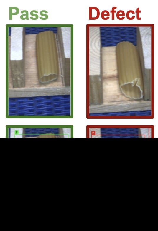 Pasta cracks on a moving conveyer Pasta cracks on a moving conveyer — Food & Beverage defect inspection example