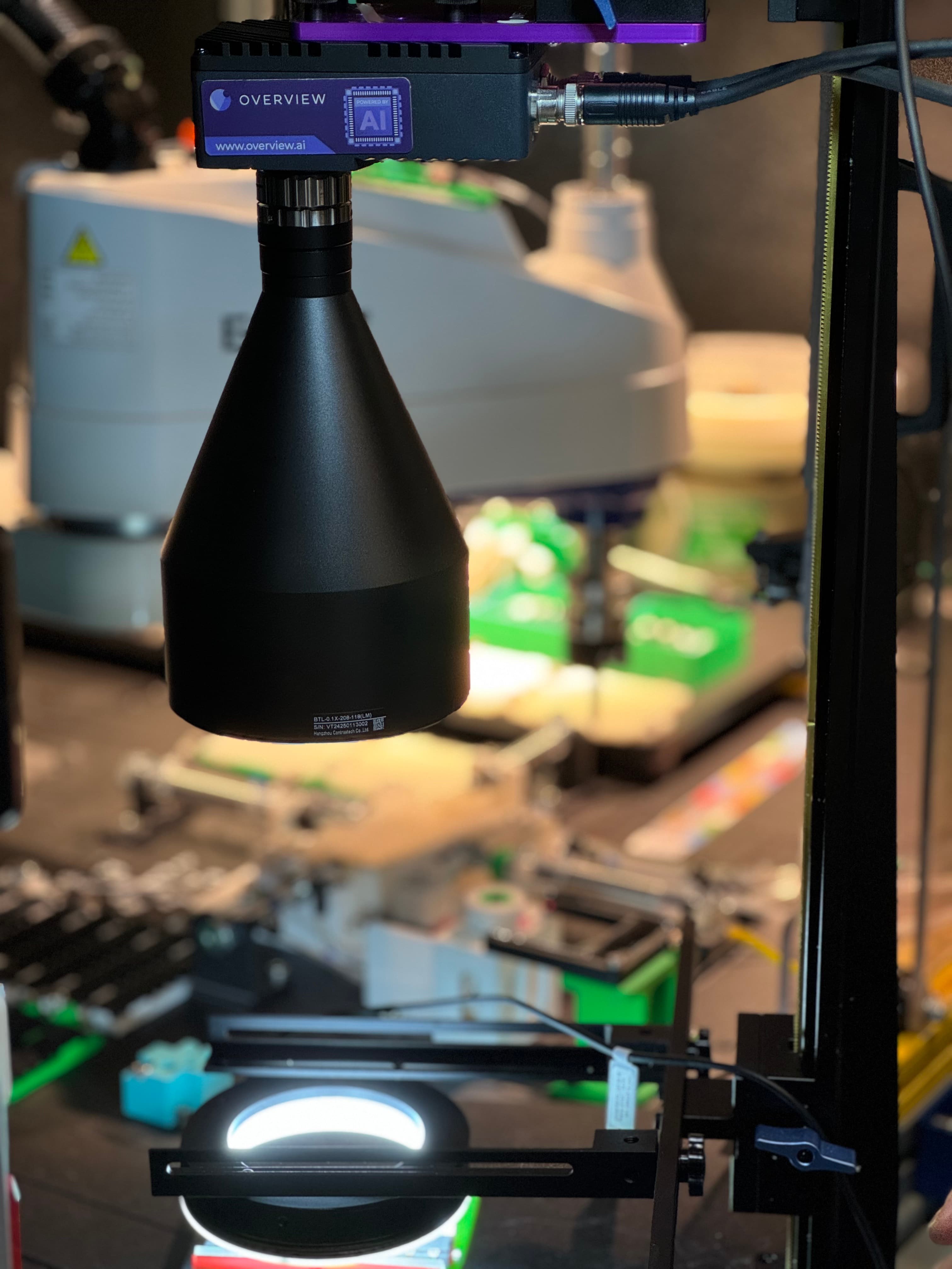 Overview.ai OV80i edge AI camera inspecting parts locally on a factory line